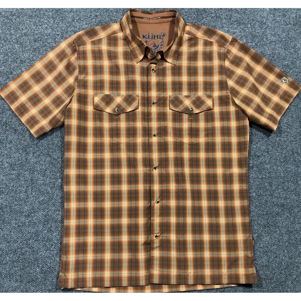 Kuhl Shirt Mens M Brown Rust Plaid Eluxur Konquer Short Sleeve Pearl Snap Front
